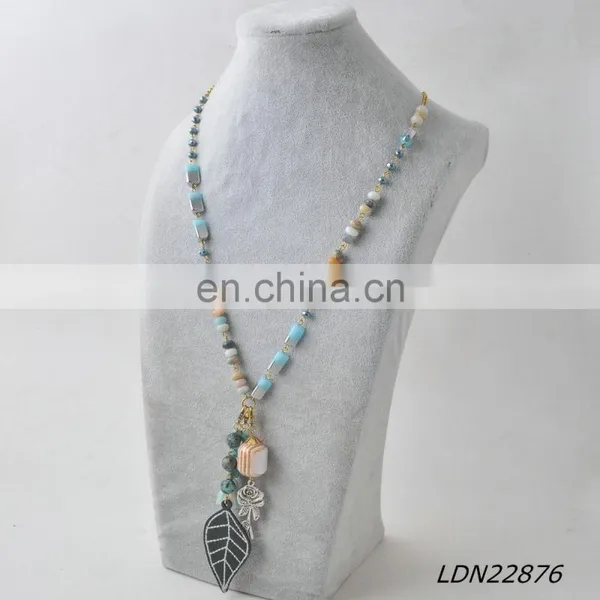 Bohemian Long Amazonite Beaded Leather Necklace With Turquoise and Leather Leaves Pendant photo-2