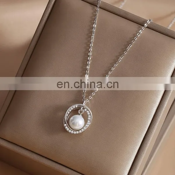 Women Accessories Circle Pearl Charm Pendant Simple Box Chain 925 Silver Necklace photo-2
