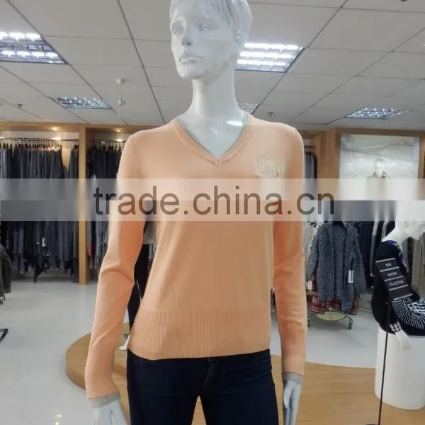 Women v Neck Long Sleeve With Fake Leather Patch on Elbow 2016 Fall/winter Pullover Sweater