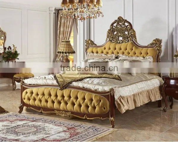 Antique Classic Upholstery Bed Set, Luxury Button Tufted Queen Bed With Gold Painting, Wood Carving Bedroom Furniture Set photo-3