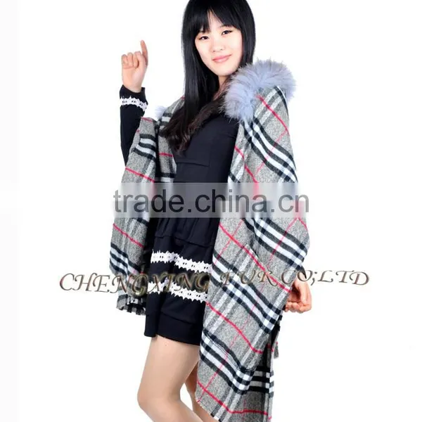 CX-B-P-39 Cheap Genuine Raccoon Fur Trim Pashmina Shawls Wholesale With Hood photo-4