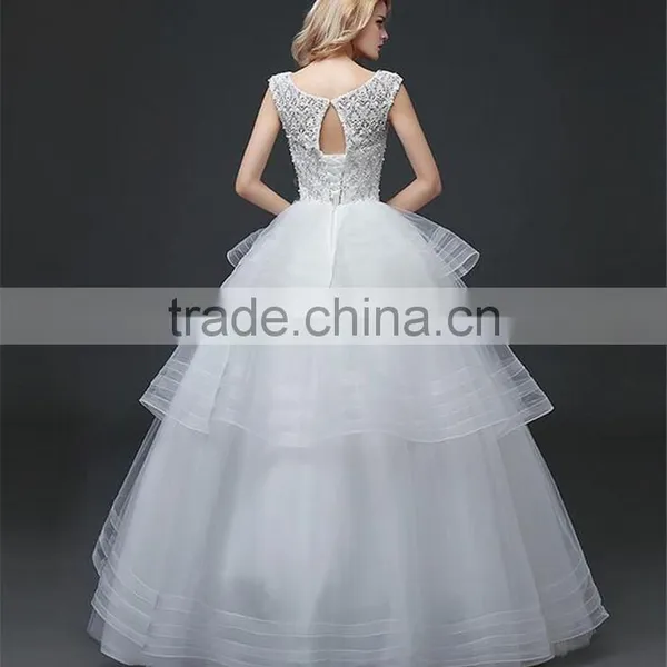 Cream Sleeveless A-line Tiered Wedding Dress Beaded Corchet Cut Out Back Crisscross Bride Grown photo-2