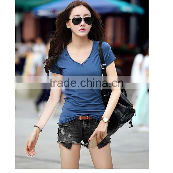 The New Spring and Summer 2017 Han Edition Cultivate One's Morality Show Thin Contracted V-neck ms Pure Color T-shirt With Short photo-2