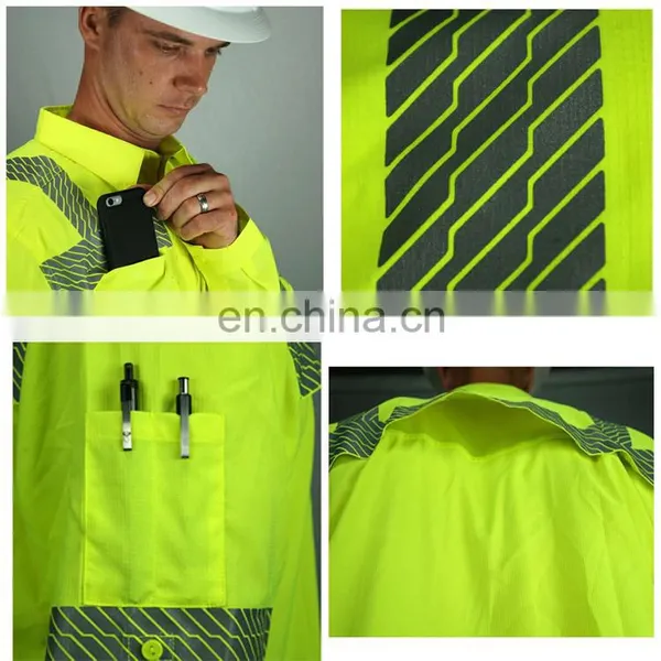 100% Cotton Mens Button Down Collar Business Fit Work Cargo Shirt With Reflective Bands photo-6