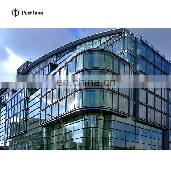 Frameless Mirror Curved Double Glass Curtain Wall Facade Building With Operable Awning Window