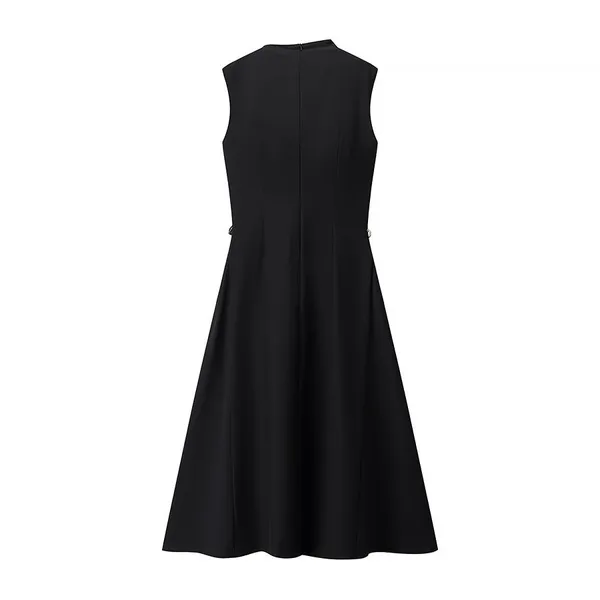 Summer New Women's Clothing European and American Sweet and Fresh Pure Color Sleeveless Elegant High Waisted Round Neck Dress photo-3