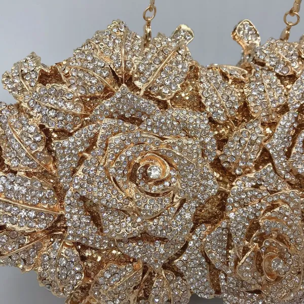 Golden Silver Luxury Crystals Evening Bags Fashion Rose Flower Diamonds Clutch Bags Soiree Purse Women Wedding Bride Handbags photo-4