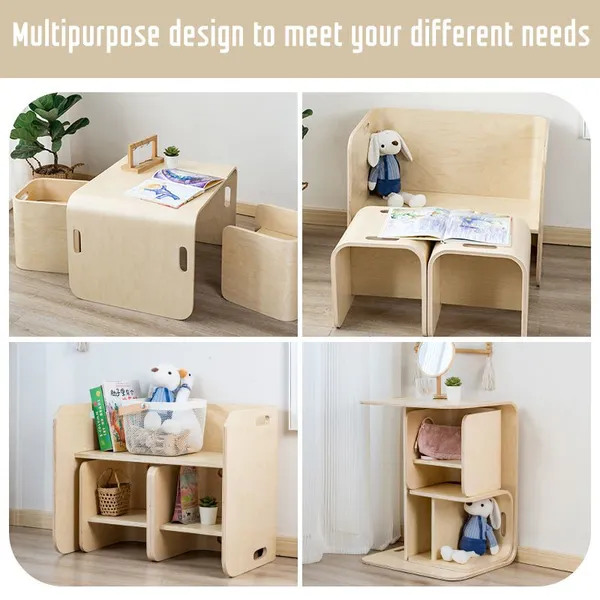 Children's Wooden Table and Chair Safe Arc Angle Multifunctional Desk and Chair Set photo-4