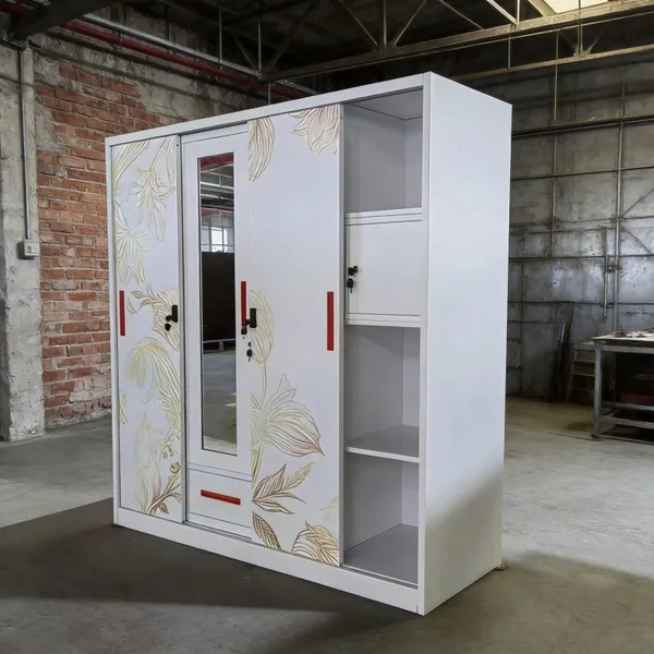 Knock‑down Flat‑pack Pattern Printed Steel Wardrobe 3‑Door 4‑Door Steel Clothes Storage Cabinet With Mirror Drawers Custom Various Colors