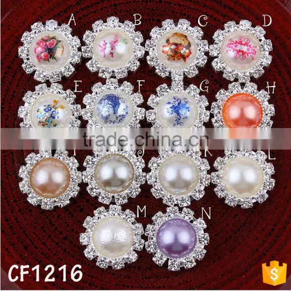2016 Top Fashion Flower Printed Rhinestone Around Pearl Button photo-2