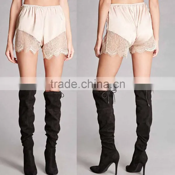 Sexy Ladies Shorts Eyelash Lace Scalloped Hem Satin 100% Polyester Shorts Extender