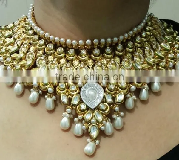 BRIDAL KUNDAN PEARL Gold plated Designer necklace jhumka Earring set