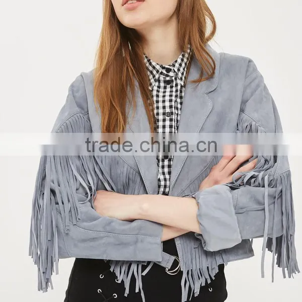 Lapel Collar Fringed Short Coat Womens Faux Suede Tassel Bomber Jacket photo-6