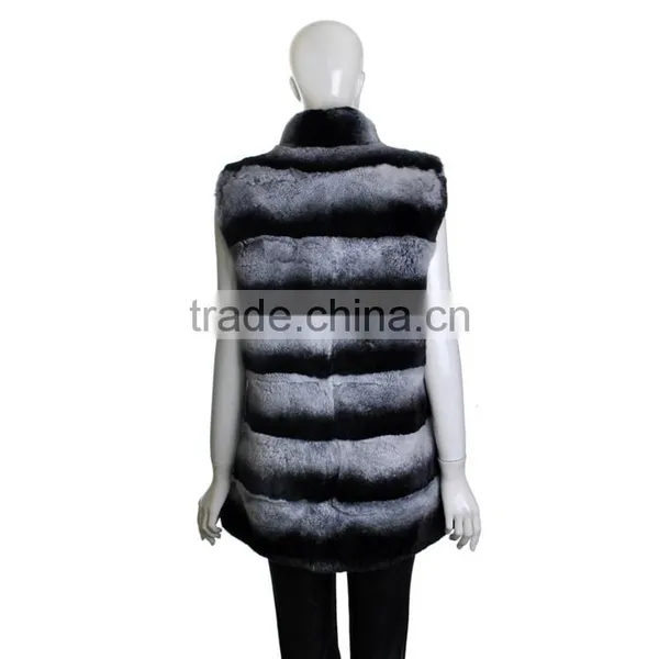 YR247 Ladies Luxury Top Quality Real Rex Rabbit Chinchilla Dyed Stand Collar Fur Vest photo-5