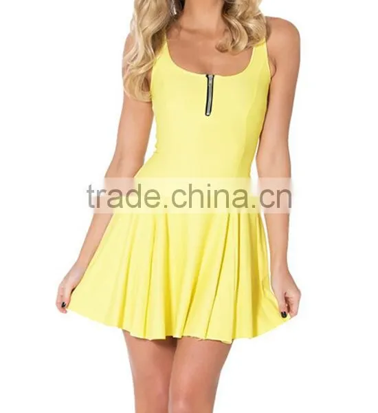 Women's One Piece Yellow Skater Dress Zipper Pleated Dress Wholesale photo-4