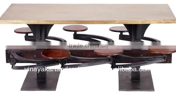 Vintage Industrial Dining Table With Six Mechanical Seats of Wooden Top