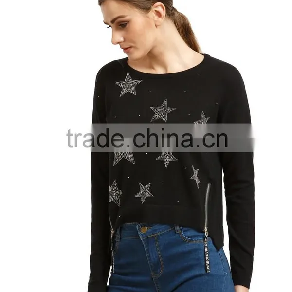Hot Sell Zipper Star Rhinestone Fashion Style Women Sweater Supplier's Choice