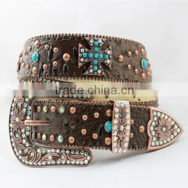 2016 Best Seller Western Rhinestone Leather Belt With Horsehead Conchos photo-3