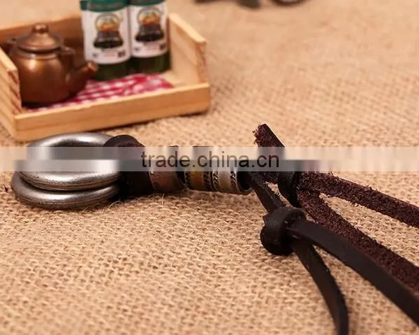 Original Genuine Brown Leather Cord Double Alloy Circle Pendant Punk Jewelry Men Necklace photo-4