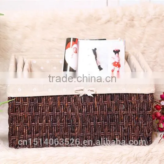 Set of 3 Maize Weaved Storage Baskets With Lining-brown