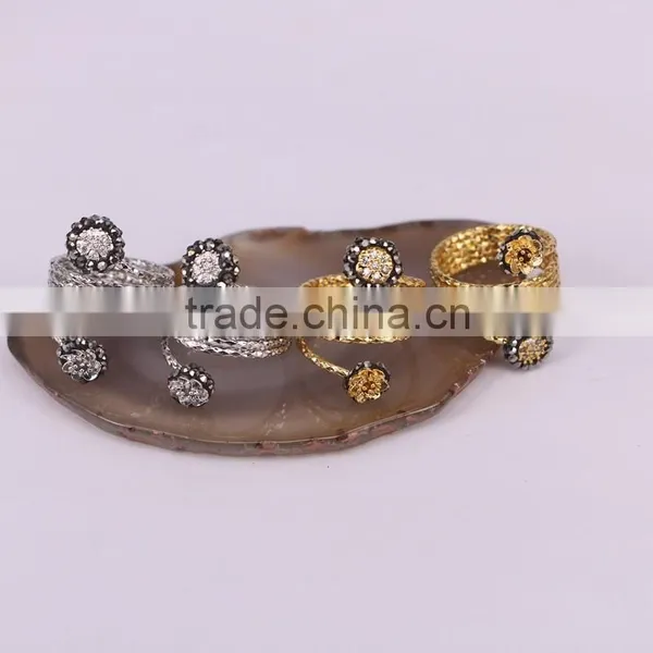 Fashion Flower Design Fashion Druzy Ring, Gold Plated Metal Ring, Pave Setting Crystal Jewelry Finger Gem Natural Stone Ring photo-4