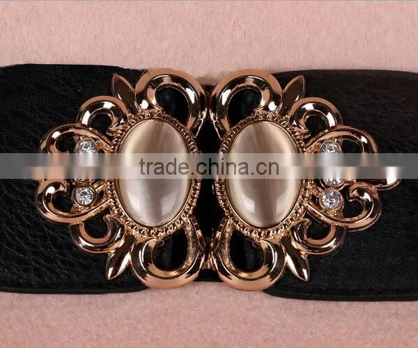 Wholesale Opal Stone Inlaid Flower Pattern Alloy Buckle Sex Women Lady Wide PU Waist Belt photo-3
