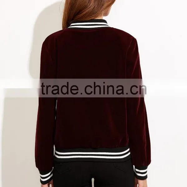 Jacket Women Winter Burgundy Stand Collar Bomber Jacket Slim Fit Velvet Blazer With Striped Trim Detail photo-5