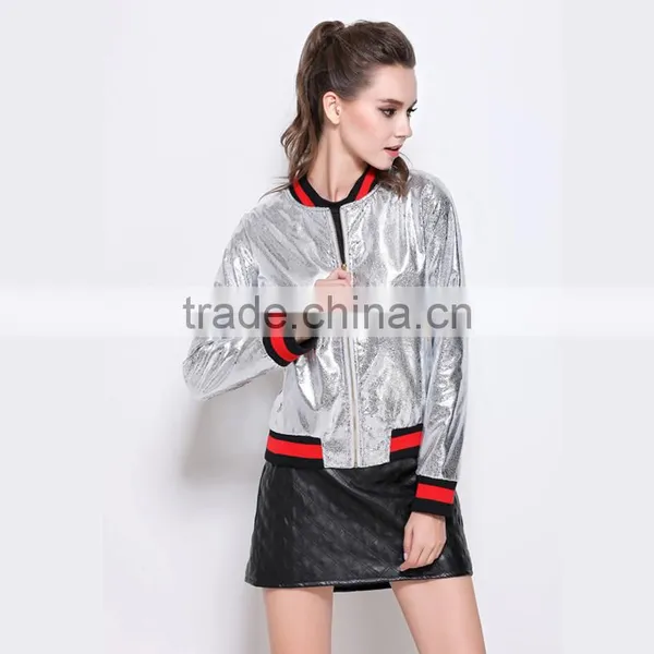 Outerwear Top Autumn High Quality Runway Coats Fashion Stand High Collar Baseball Uniform Silver PU Bomber Jacket Coat photo-2