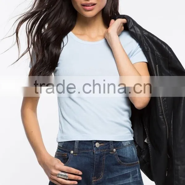 OEM Service Women Cheap Ribbed Knit Plain Slim Fit t Shirt photo-2