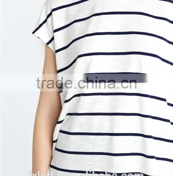 European American Style Leisure Loose Knitting Minimalism Round Collar Short Sleeve Stripe T-shirt photo-3