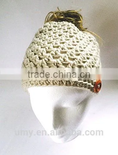 Wood Button Pony Tail Holder Crochet Hat photo-2