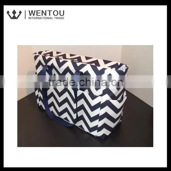 Navy Blue and White Stripe Chevron Print Diaper Bag photo-2