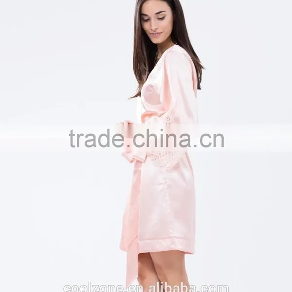 Elegant Tie-up Front Lace Trimmed Sleeves Kimono Robe Wholesale Satin Robe. photo-3