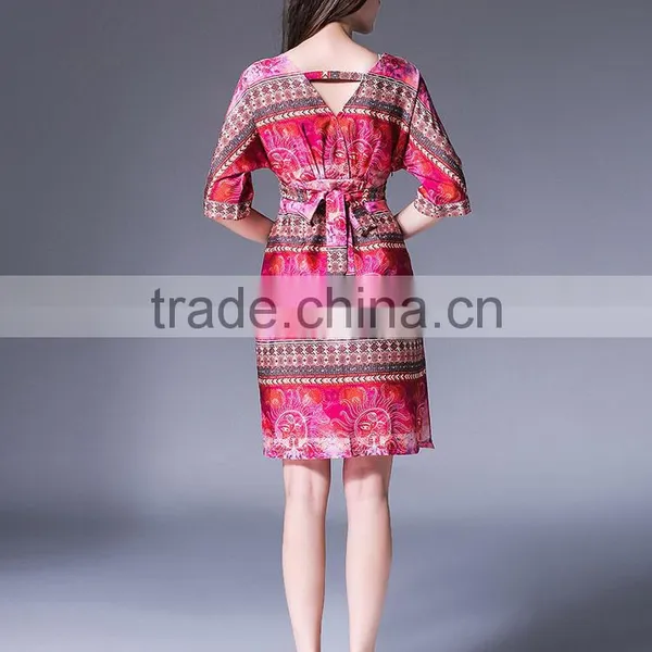 Women Short Sleeve V Neck National Printed Satin Mini Dress Ladies Loose Vintage Design Of Dress photo-3