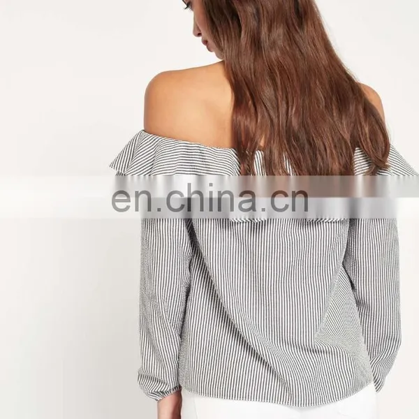 OEM Petite Stripe Chiffon Off Shoulder Top, Latest Design Double Layer Frill Top And Blouse photo-3