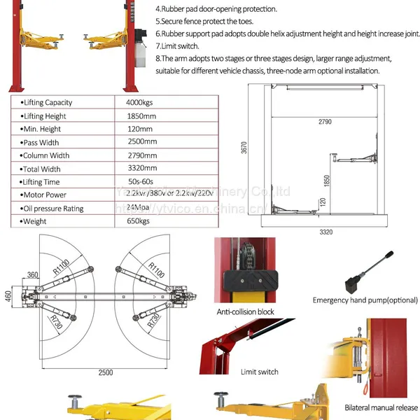Two Post Hydraulic Car Lift Machine Vehicle Lift With Clear Floor Manual Release #V-LZL-E-2240 photo-5