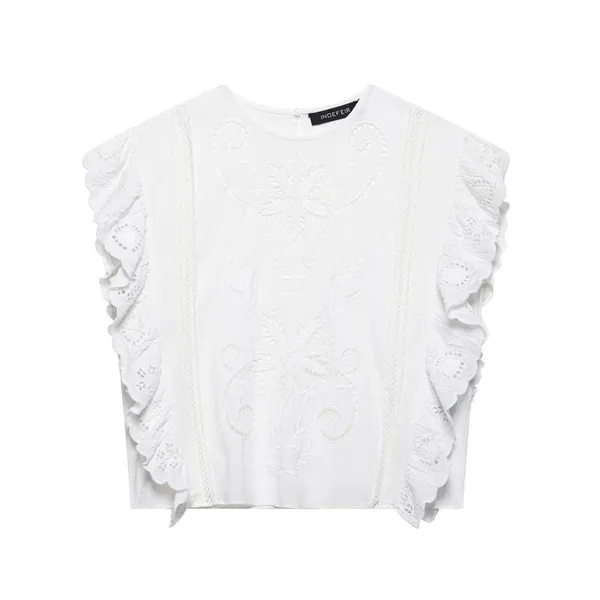 2025 Spring and Summer New Wooden Ear Sleeveless T-shirt Romantic Embroidered Hollow Top