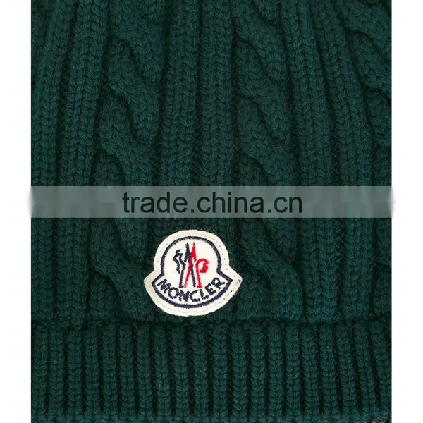 Dark Green Virgin Wool Cable Knit Beanie With a Front Patch Logo photo-5