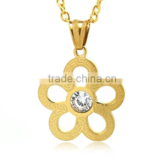 Stainless Steel Gold Tone 316L Fashion Pendant Hollow Out Flower Mini Pendant With White CZ Stone Beautiful Women's Jewelry