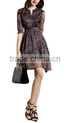Women's V-Neck Vintage Flower Printed A-Line Casual Chiffon Dress photo-4