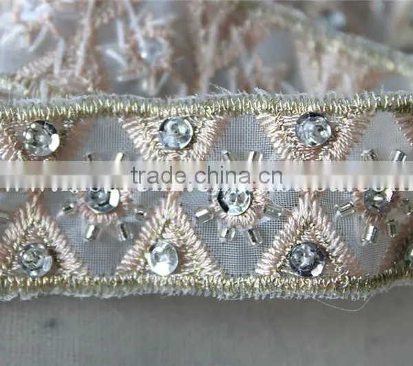 2.5cm Beaded Organza Embroidery Lace Trim With Cup Sequins in Rose Gold photo-5