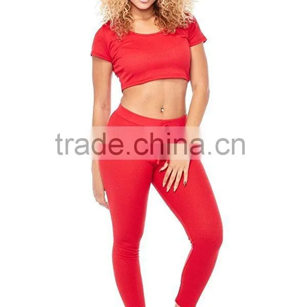 Plain Track Suit Wholesale Womens Red Ribbed Solid Hoodie Crop Top Leggings Set 2 Piece Casual Wear Latest Design Tracksuit photo-2