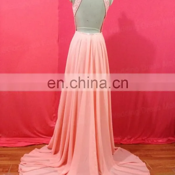 Halter A-line Vestido Longo De Festa Robe De Soiree 2016 Luxury Beaded Crystals Chiffon Long Evening Gowns Backless Prom Dresses photo-2