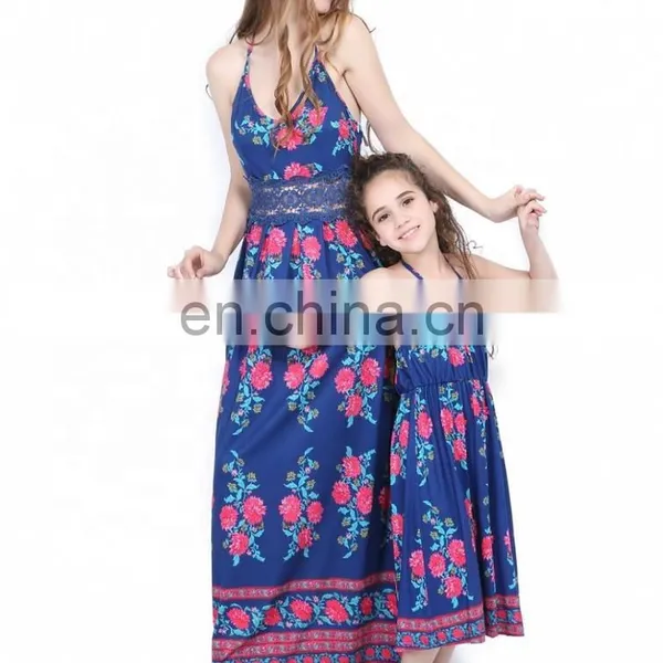 Fashion Design Mommy and me Outfits Blue Floral Printed Mother Daughter Matching Dress photo-2