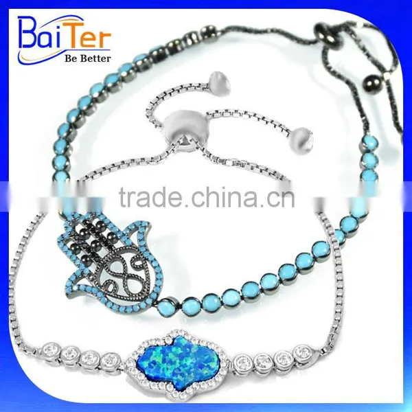 Fatima Of Hand Turkey Jewelry/Adjustable 925 Sterling Silver Opal Hamsa Bracelet/Pave CZ Diamond Evil Eye Bracelet Wholesale Quality Choice photo-3