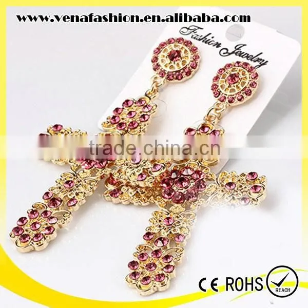 Zhejiang Mix Colors Rhinestone Long Large Cross Earring photo-4
