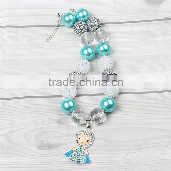 Blue Neckalce With Cute Girl Doll and Satin Bow Flower Hairband Wholesale Baby Girls Chunky Necklace and Hairband photo-4