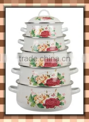 Graceful Design Red&Yellow Flower Decal Enamel Cooking Pot Set 5 Pcs Cast Iron Stew Pot Double Handle With Enamel Lid
