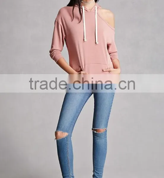 Super Soft High Quality Flench Terry Knit Hoodies Sexy New Fashion One Shoulder Design Solid Blank Oversized Hoodie With Pocket photo-5