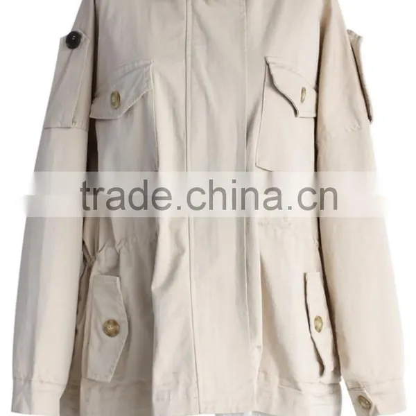 Beige Color Concealed Zip Button Closured Front Women Short Plus Size Coat With Lace photo-4